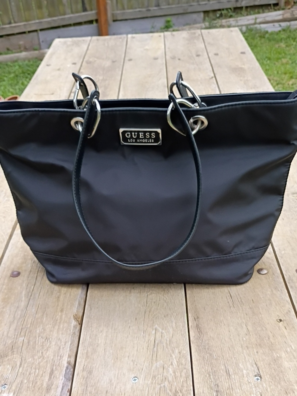 GUESS Los Angeles Black Nylon Tote Bag,Silver-tone Hardware